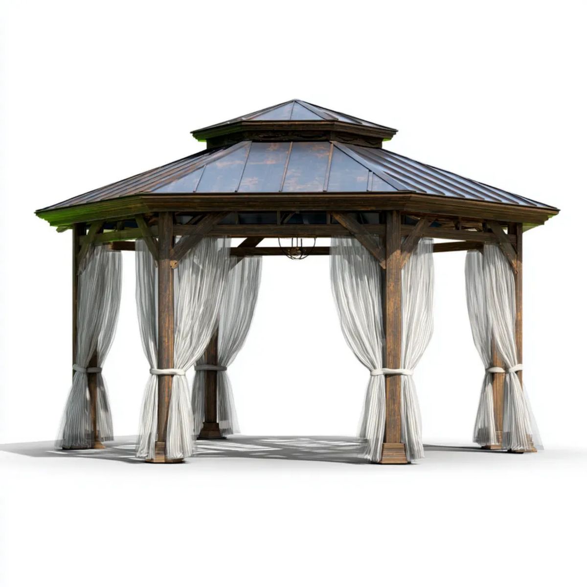 Altana lub pergola, Plac Brązowy Pawilon zewnętrzny z wędzarniczym dachem i zasłonami 300 x 300 x 300 cm