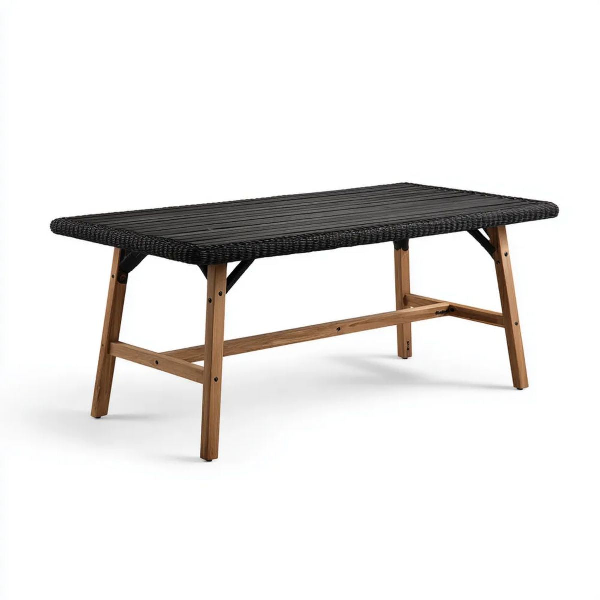 Stół ogrodowy, Czarny i brązowy prostokątny stół ogrodowy w akacji i rattan PE 150 x 90 x 75 cm