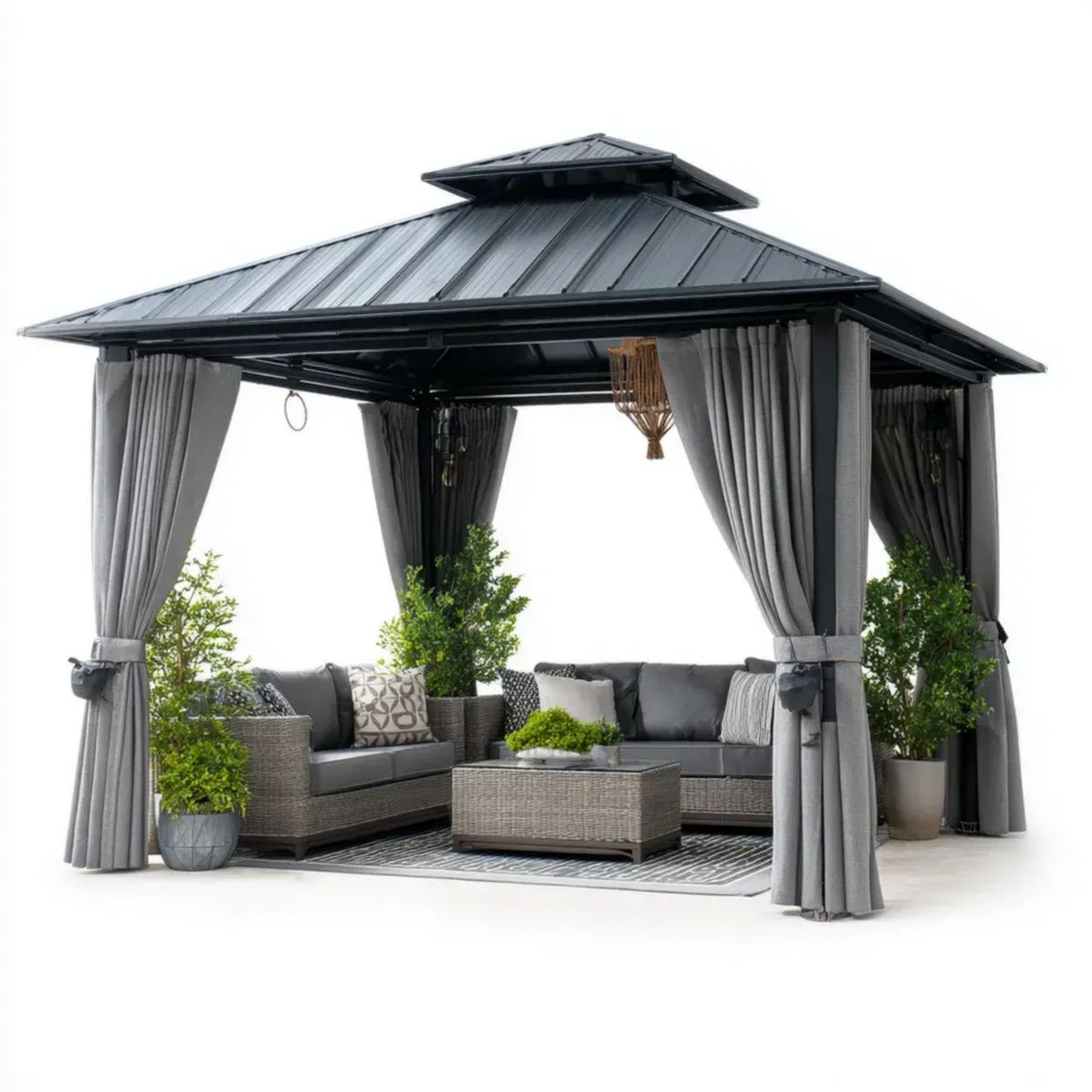 Altana lub pergola, Antracyt szary stal malowana proszkowo na zewnątrz ogród hartowany pawilon z wentylowanym hartowanym dachem hartowanym i zasłonami 400 x 300 x 290 cm