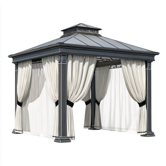 Altana lub pergola, Antracyt kwadratowy ogród ogrodowy w aluminiowym i cynkowanej stali aluminiowej z zasłonami, 300 x 300 x 290 cm