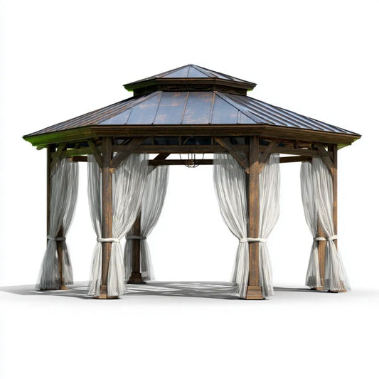 Altana lub pergola, Plac Brązowy Pawilon zewnętrzny z wędzarniczym dachem i zasłonami 300 x 300 x 300 cm