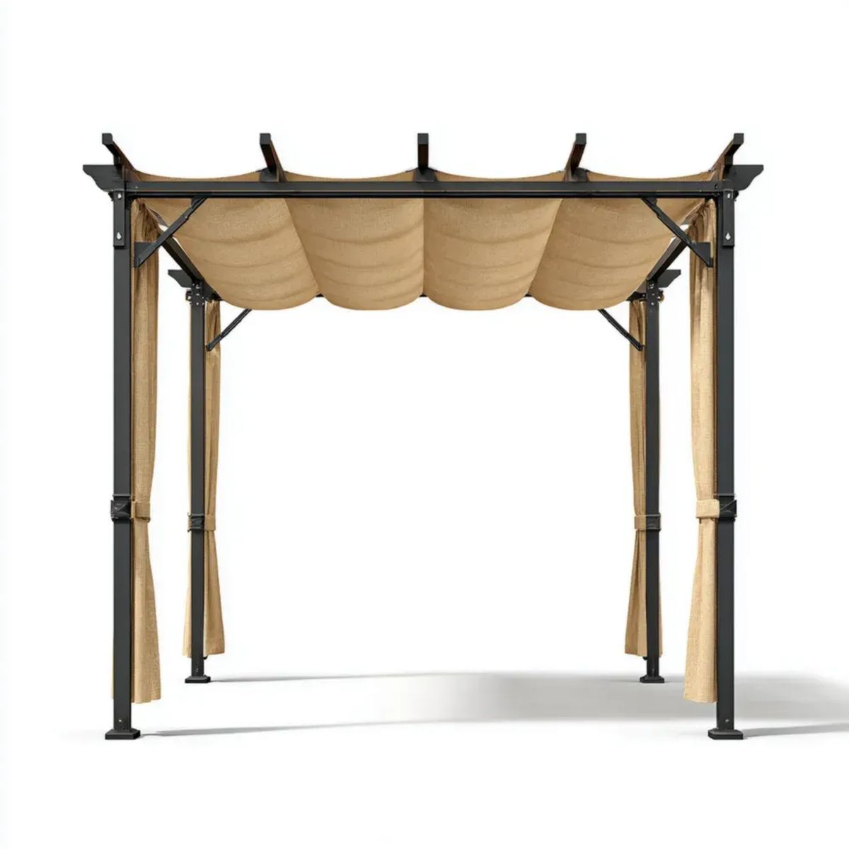 Altana lub pergola, Ogród Ogrodowy Pergola w kolorze czarnym Stal i beżowy poliester z dachem i zasłonami, 300 x 300 x 230 cm