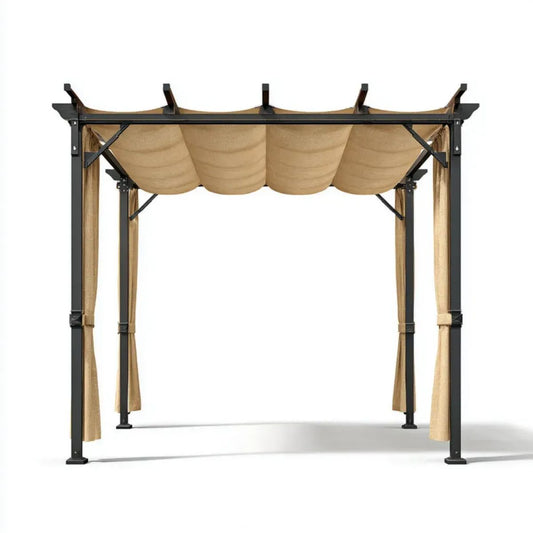 Altana lub pergola, Ogród Ogrodowy Pergola w kolorze czarnym Stal i beżowy poliester z dachem i zasłonami, 300 x 300 x 230 cm