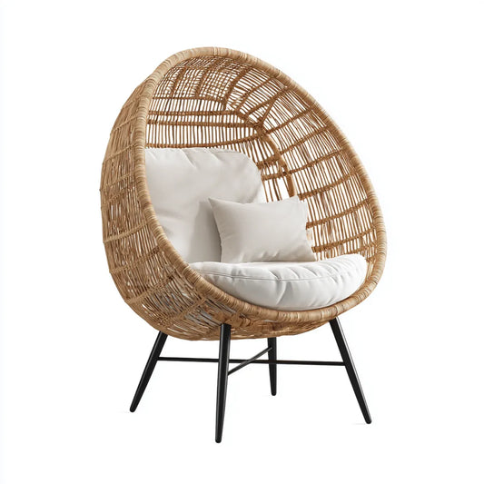 Fotel rattanowy, Krzesło rattanowe Kształt Egg- Naturalny biały czarny wykonane z naturalnej stali rattanowej i poliestru 100 x 80 x 150 cm