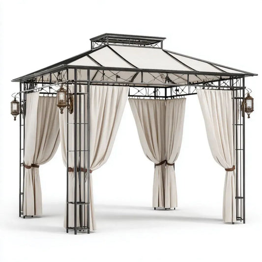 Altana lub pergola, Czarny kwadratowy ogród tonnale w stali z dachem i zasłony w off- biały poliester, 300 x 300 x 300 cm