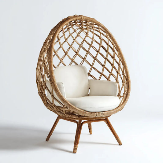 Fotel rattanowy, Krem z naturalnego brązowego tworzywa sztucznego z rattanu i poliestru o wymiarach około 105 x 85 x 150 cm