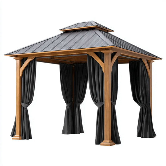 Altana lub pergola, Plac Ogród tonnale w Drewno z cynkowanej stali aluminiowej Dach Biscolor szary i czarny poliester zasłony, 300 x 300 x 300 cm