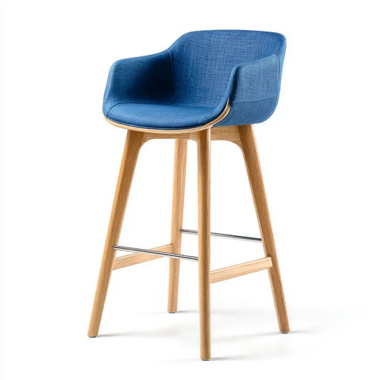 Hoker barowy, taboret barowy z niebieskimi podłużnymi w poliestrze i litym dębowym, 52 x 56 x 103 cm