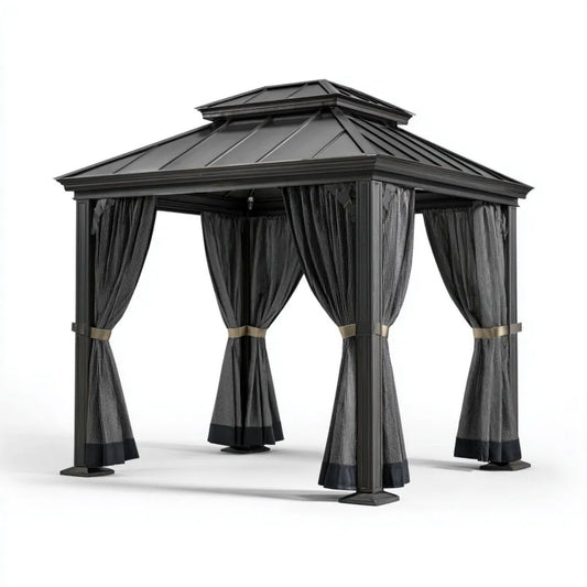 Altana lub pergola, Czarny kwadrat kwadratowy ogród pawilon ze stali galwanizowanej z sztywnym dachem i zasłonami 300 x 300 x 285 cm