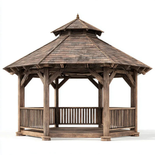 Altana lub pergola, Sixagonal Pavilion w Belarbrązowym Drewnie z dwupiętrowym dachem, 400 x 400 x 380 cm