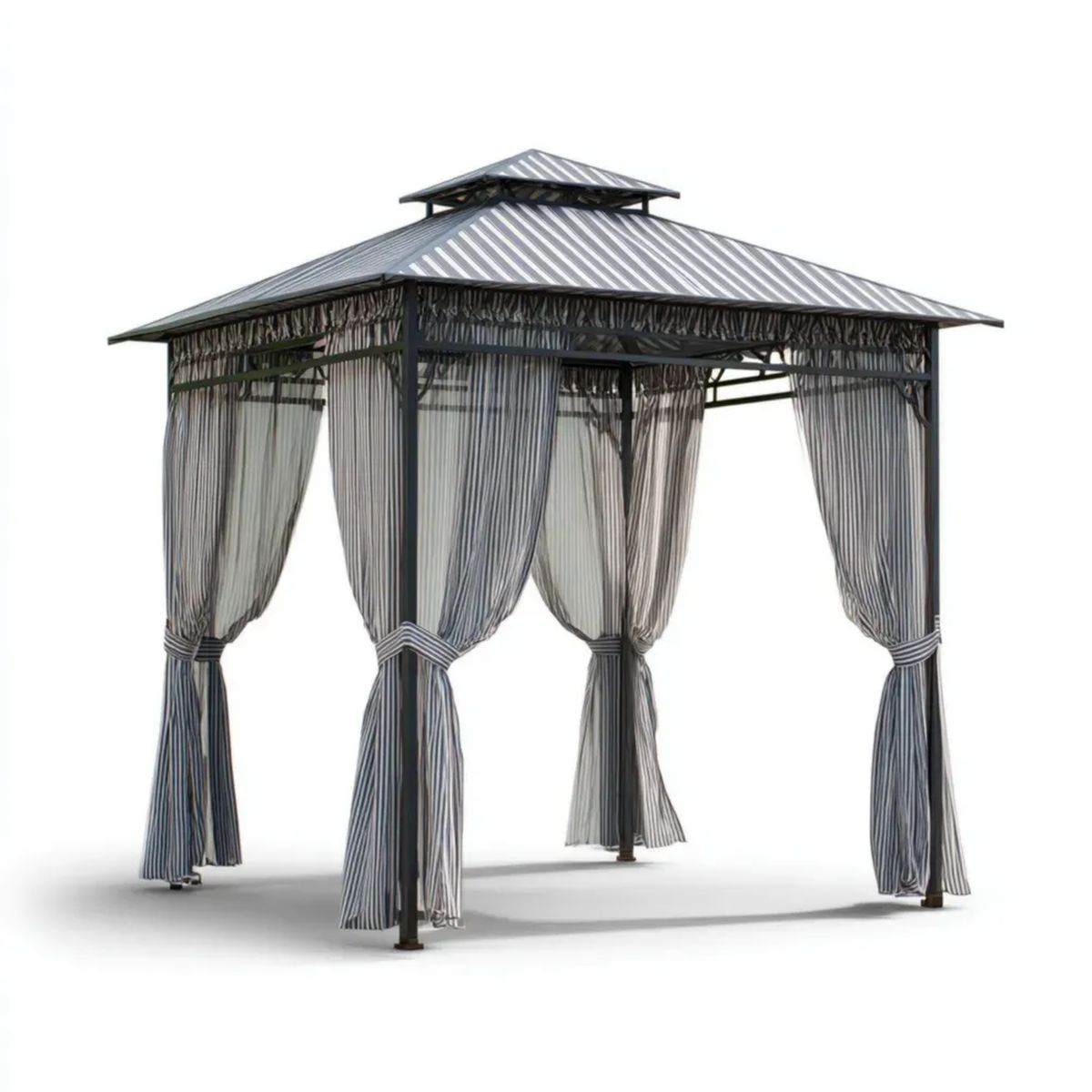 Altana lub pergola, Czarny kwadratowy ogród tonnale w stali stopowej z podwójnym poziomem sztywny dach i szary i biały zasłony w paski, 300 x 300 x 270 cm