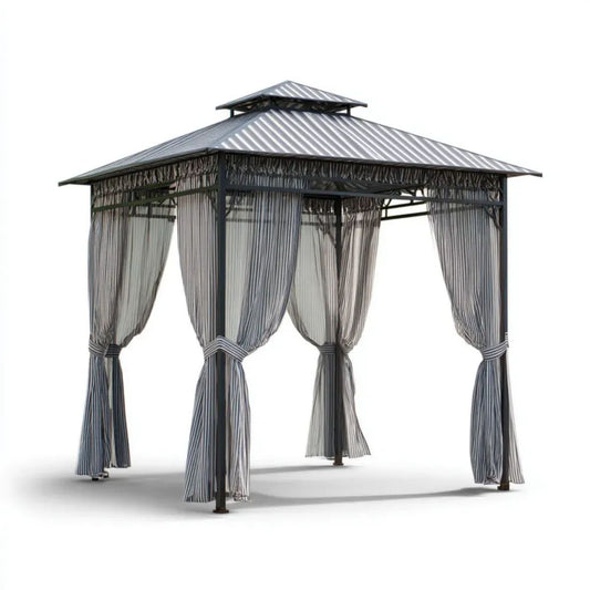 Altana lub pergola, Czarny kwadratowy ogród tonnale w stali stopowej z podwójnym poziomem sztywny dach i szary i biały zasłony w paski, 300 x 300 x 270 cm