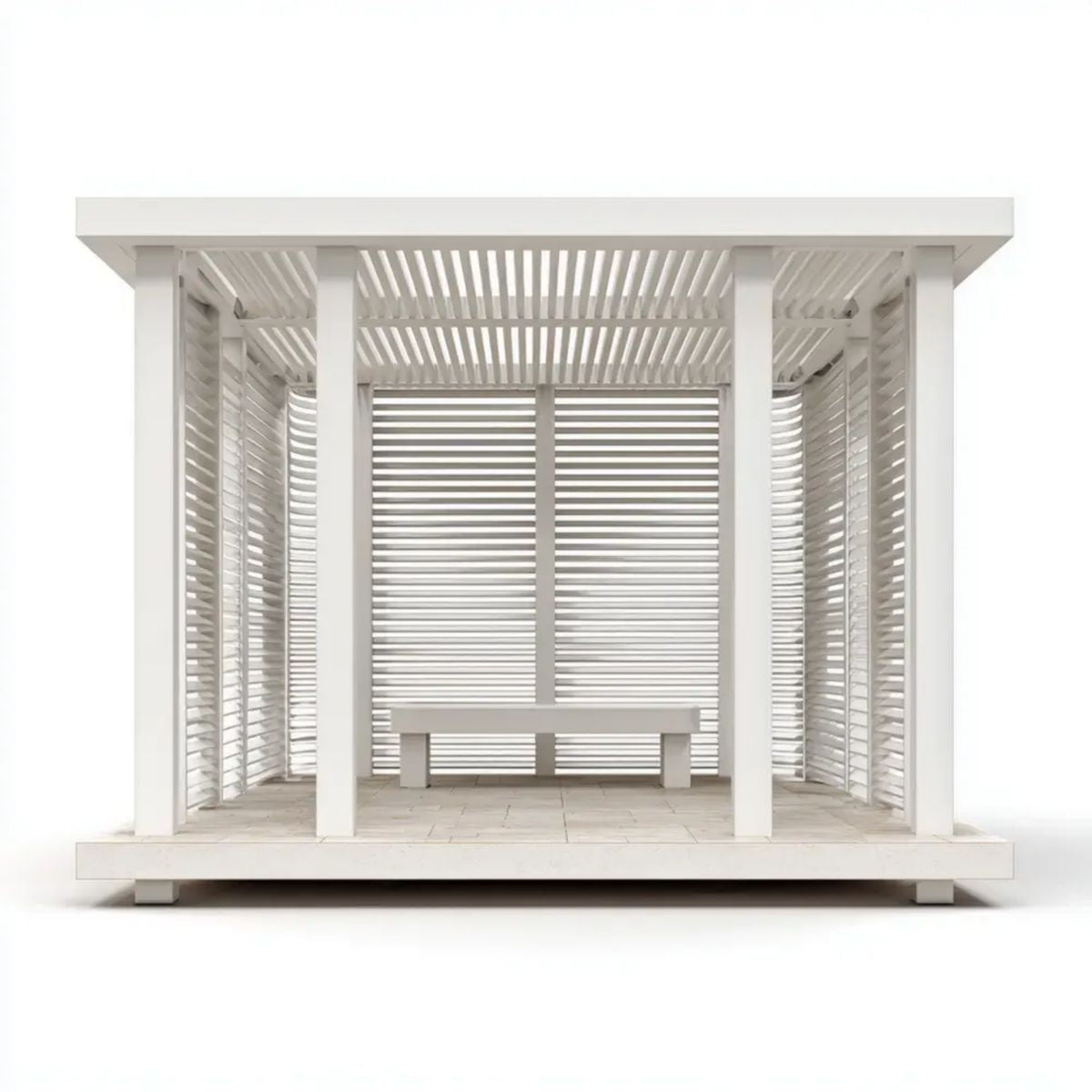 Altana lub pergola, Ogród ogrodowy w ogrodzie z drewnianą lakierką z drewnianą warstwą z drewnianą, zintegrowaną ławką i panelami z ostrzem, 300 x 300 x 250 cm