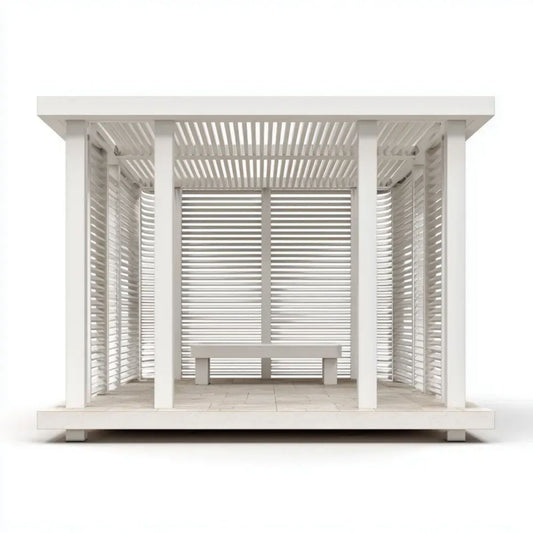 Altana lub pergola, Ogród ogrodowy w ogrodzie z drewnianą lakierką z drewnianą warstwą z drewnianą, zintegrowaną ławką i panelami z ostrzem, 300 x 300 x 250 cm