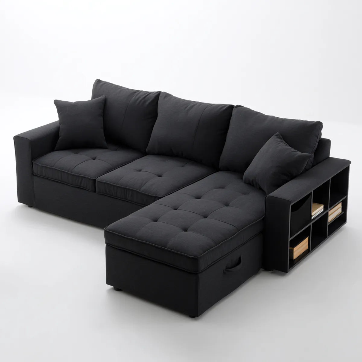 Sofa, Kanapa narożna z tapicerką poliestrową szezlongiem Czarna 260 x 160 x 85 cm z pojemnikiem na pościel i półką boczną