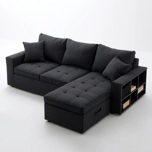 Sofa, Kanapa narożna z tapicerką poliestrową szezlongiem Czarna 260 x 160 x 85 cm z pojemnikiem na pościel i półką boczną