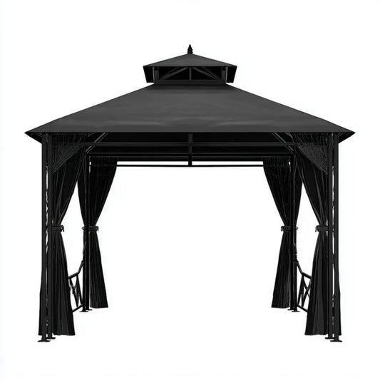 Altana lub pergola, Plac czarny Belize zewnętrzne Pawilon w stali Neill i poliester 300 x 300 x 270 cm z zasłonami