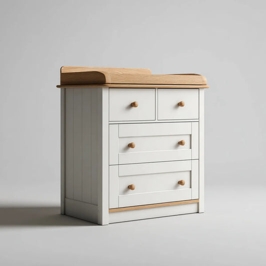 Przewijak, 4 szuflady biały i lekki stół dębowy w MDF 80 x 50 x 95 cm prostokątny