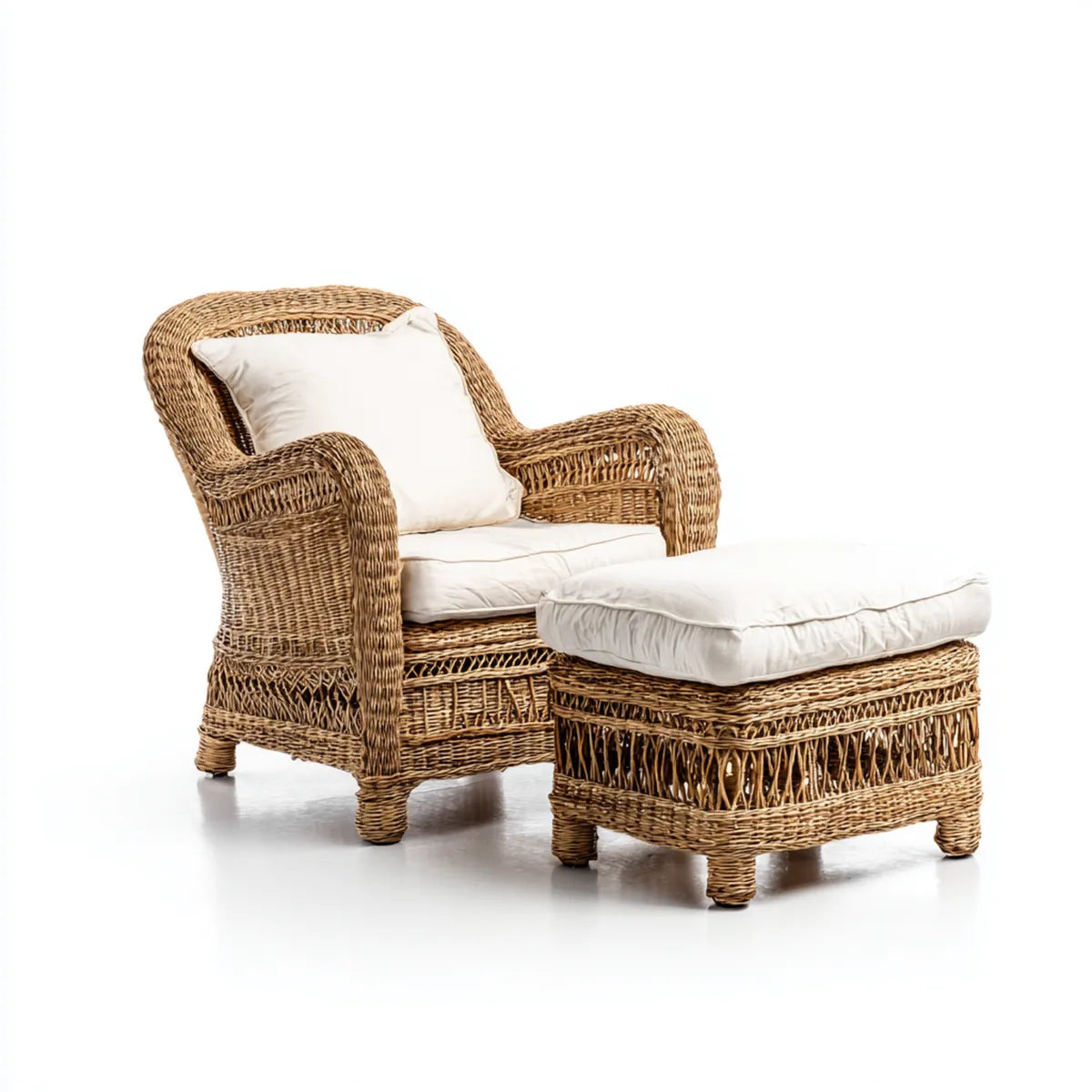 Fotel rattanowy, Zestaw do siedzenia rattan naturalny z prostokątnymi podnóżkami, z niebielonymi 80 x 85 x 95 cm