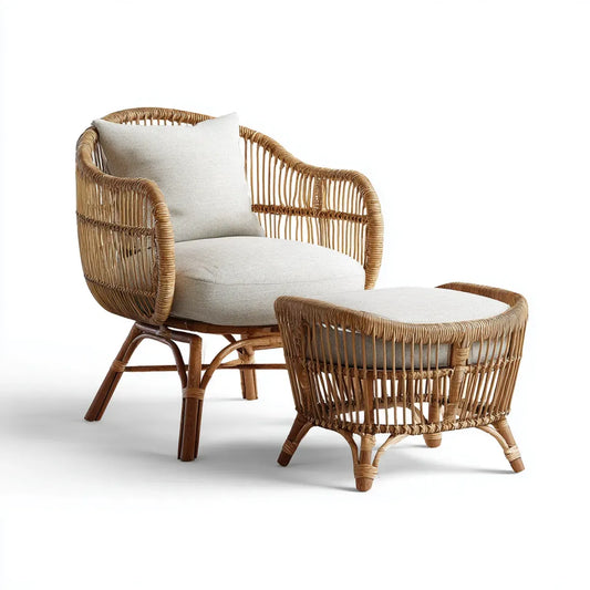 Fotel rattanowy, Zestaw foteli rattanowych o naturalnym kształcie rattanowego puf zaokrąglonym 76 x 75 x 78 cm i 60 x 45 x 38 cm