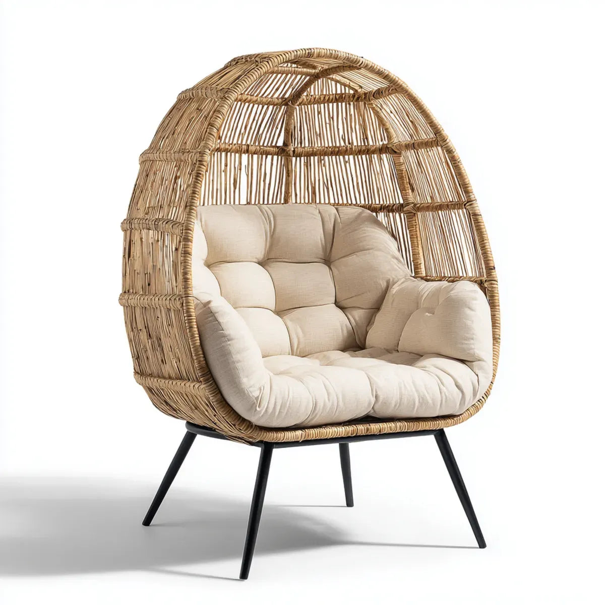 Fotel rattanowy, Krzesło do jaj w naturalnej beżowej rattanie z poduszkami 100 x 90 x 150 cm