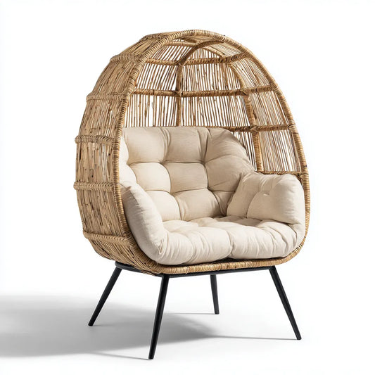 Fotel rattanowy, Krzesło do jaj w naturalnej beżowej rattanie z poduszkami 100 x 90 x 150 cm