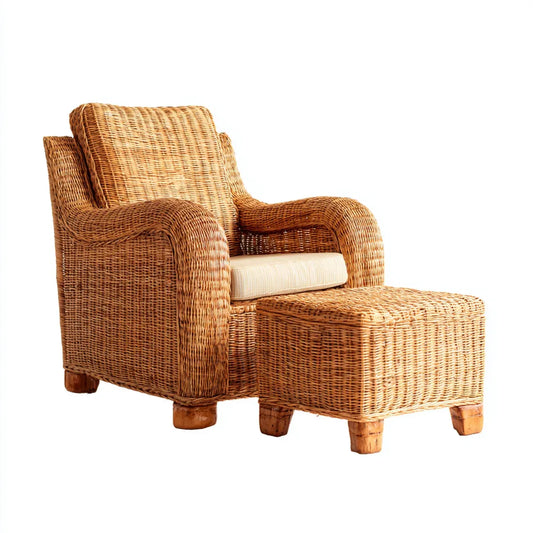 Fotel rattanowy, Zestaw do siedzenia rattan naturalny brązowy z poduszką siedzenia i prostokątnym stołem 78 x 90 x 102 cm