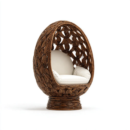 Fotel rattanowy, Brązowe krzesło z jajkiem rattanowym z poduszkami z kości słoniowej 105 x 95 x 150 cm owalnego kształtu