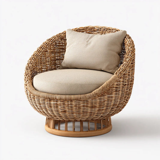 Fotel rattanowy, Naturalne beżowe krzesło rattanowe z okrągłym kształtem poduszki 85 x 80 x 90 cm